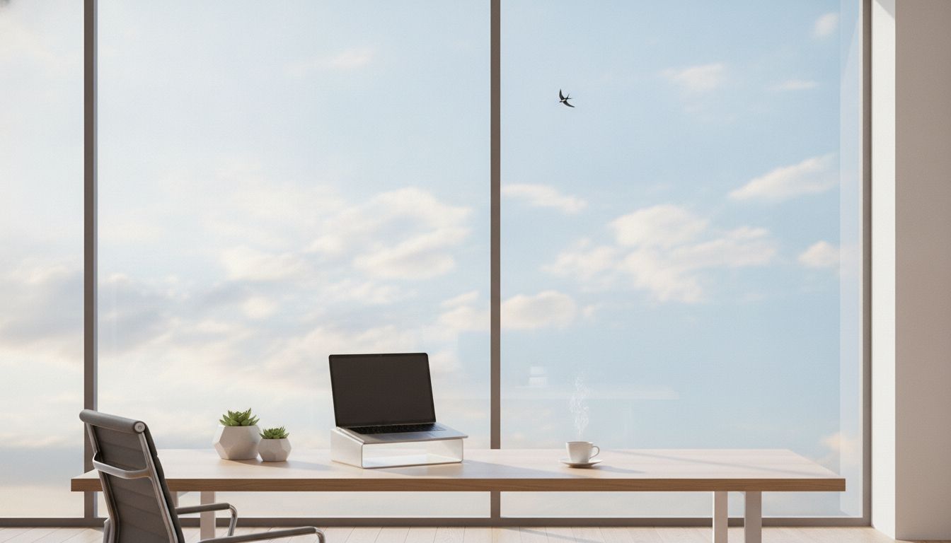 A calm, modern workspace with a view of the open sky, representing purposeful and restful work at Selah Consulting PH
