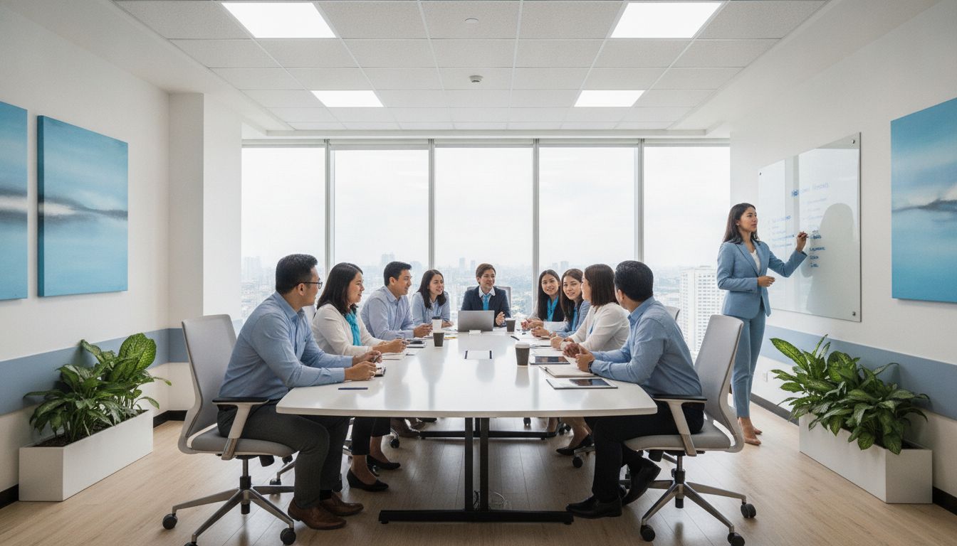 Diverse professionals engaged in collaborative corporate training workshop