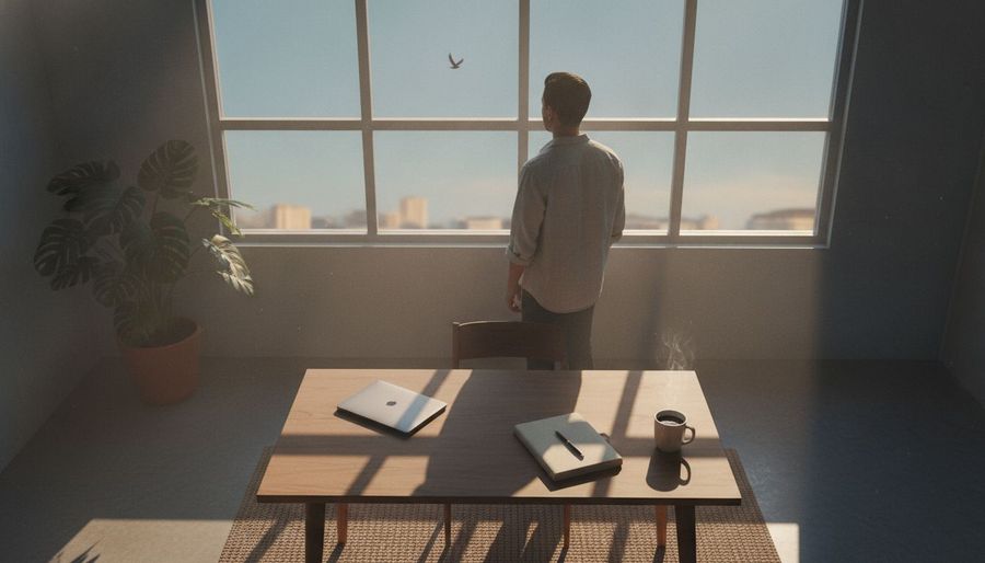 Founder pausing in a calm office, looking toward open sky and a bird in flight