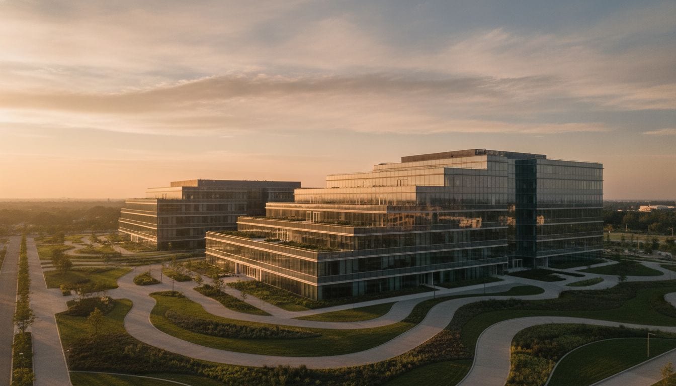 Modern corporate architecture at sunrise symbolizing growth and new beginnings