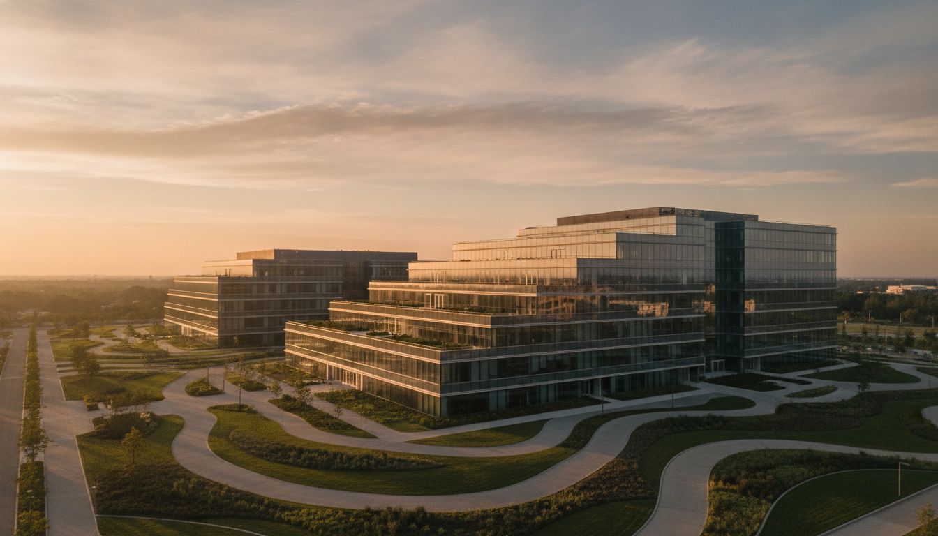 Modern corporate architecture at sunrise symbolizing growth and new beginnings