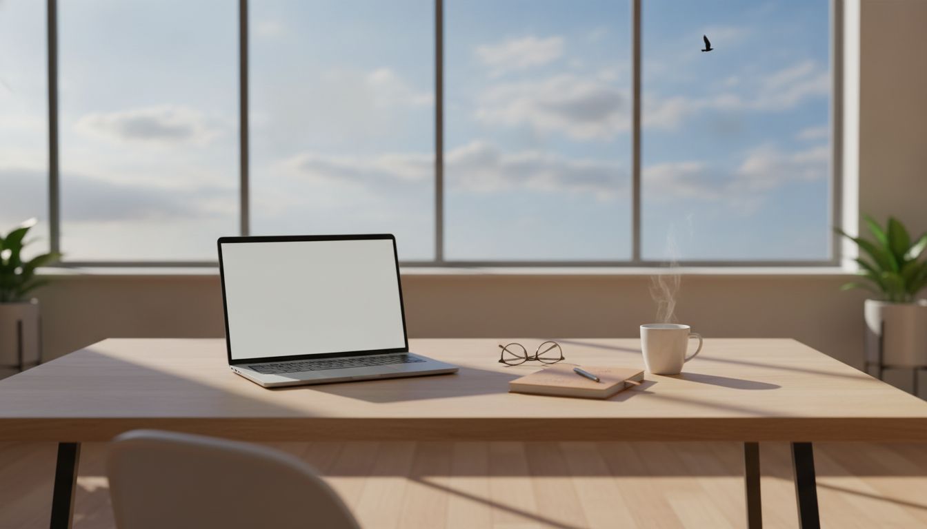Professional business consulting workspace with bright sky view symbolizing clarity and purposeful reflection