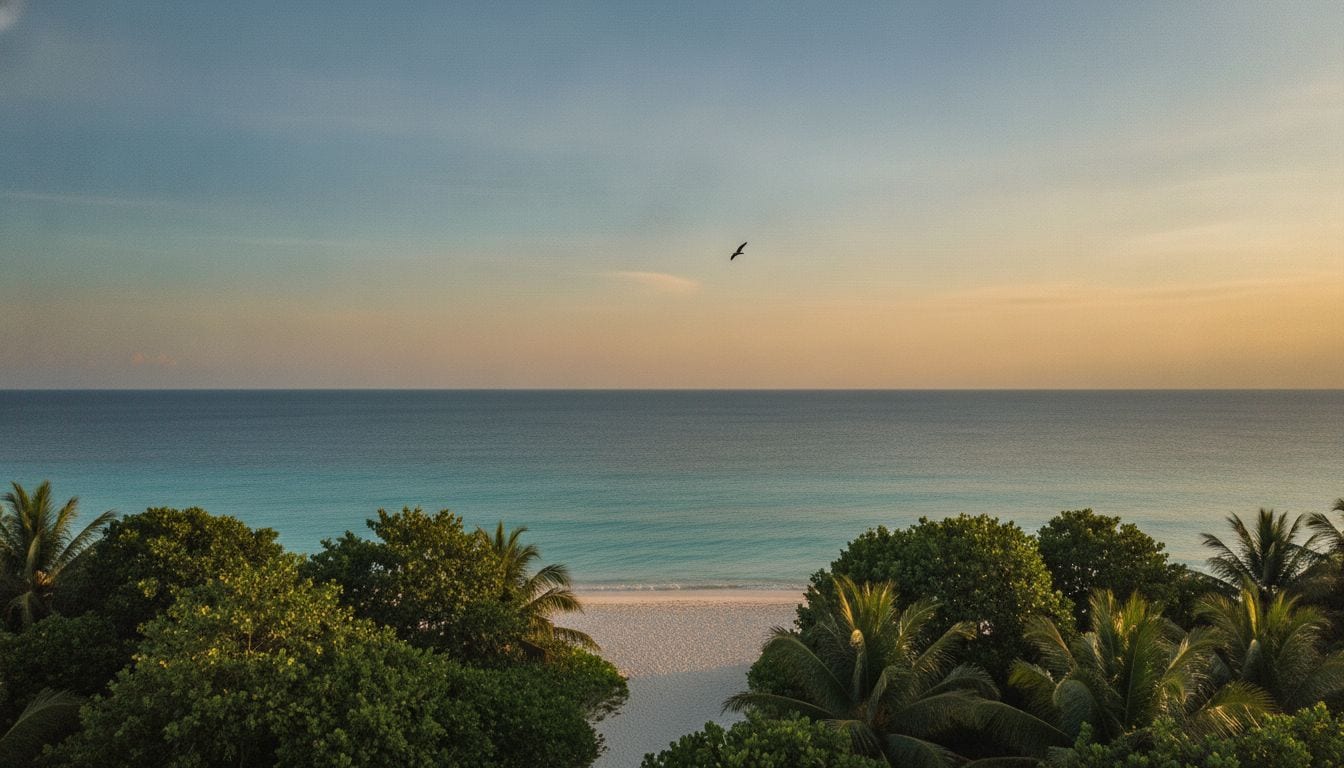 Serene Philippine coastline at golden hour with bird in flight